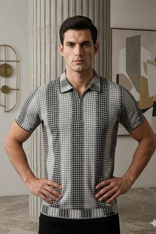 The "Checkmate" Diamond Knit Zip-Polo